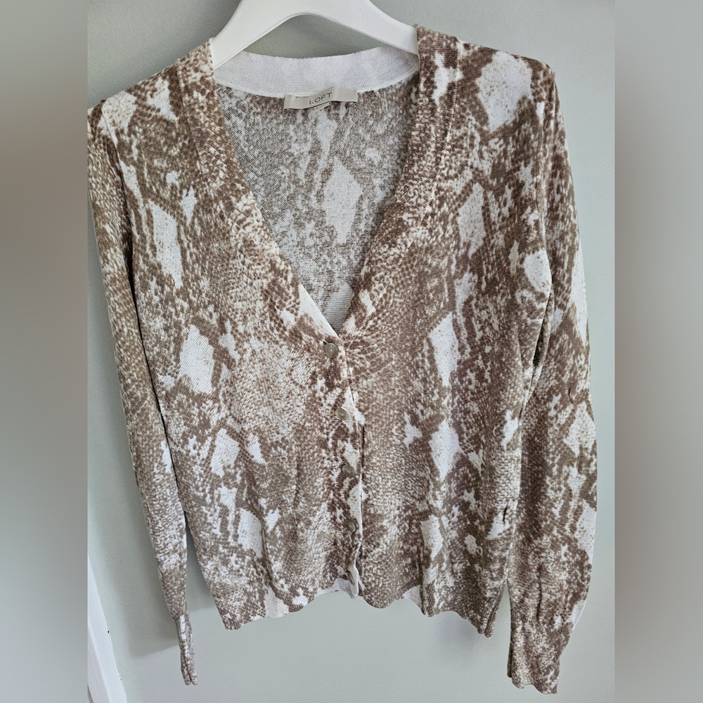 LOFT Brown & White Animal Print V-Neck Cardigan Sweater